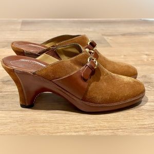NEW Cole Haan Cognac Tan Leather and Suede Heeled Mules Size 7.5